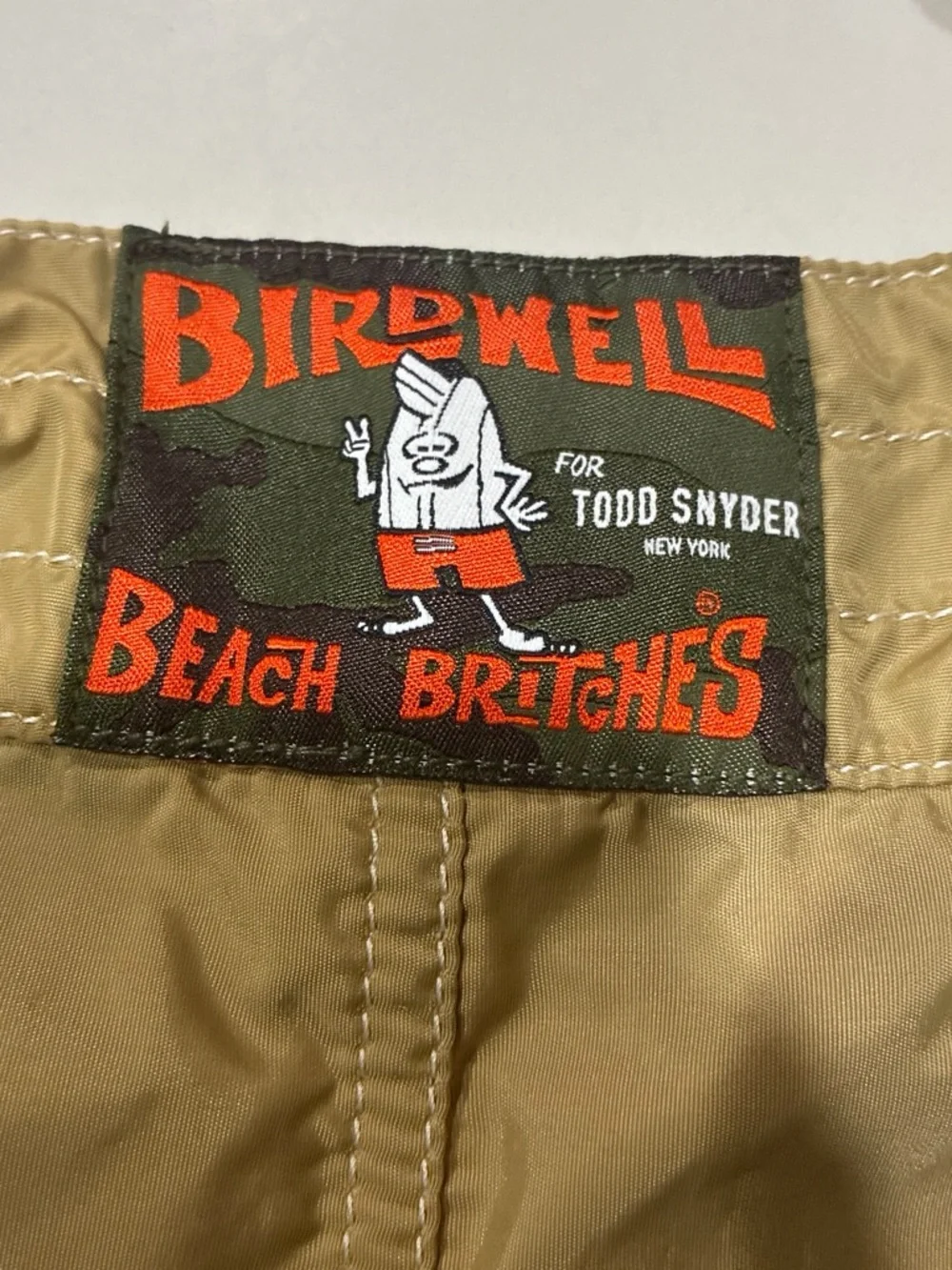 Birdwell Khaki Swim Board Shorts with Camo Hem